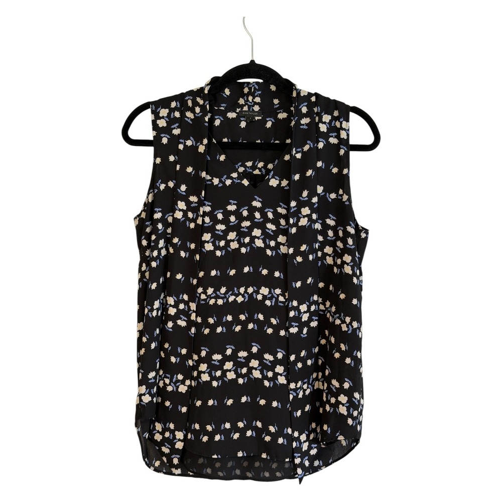Ann Taylor Blouse Black S Women Floral Tie Neck LayeringSleeveless Office Casual
